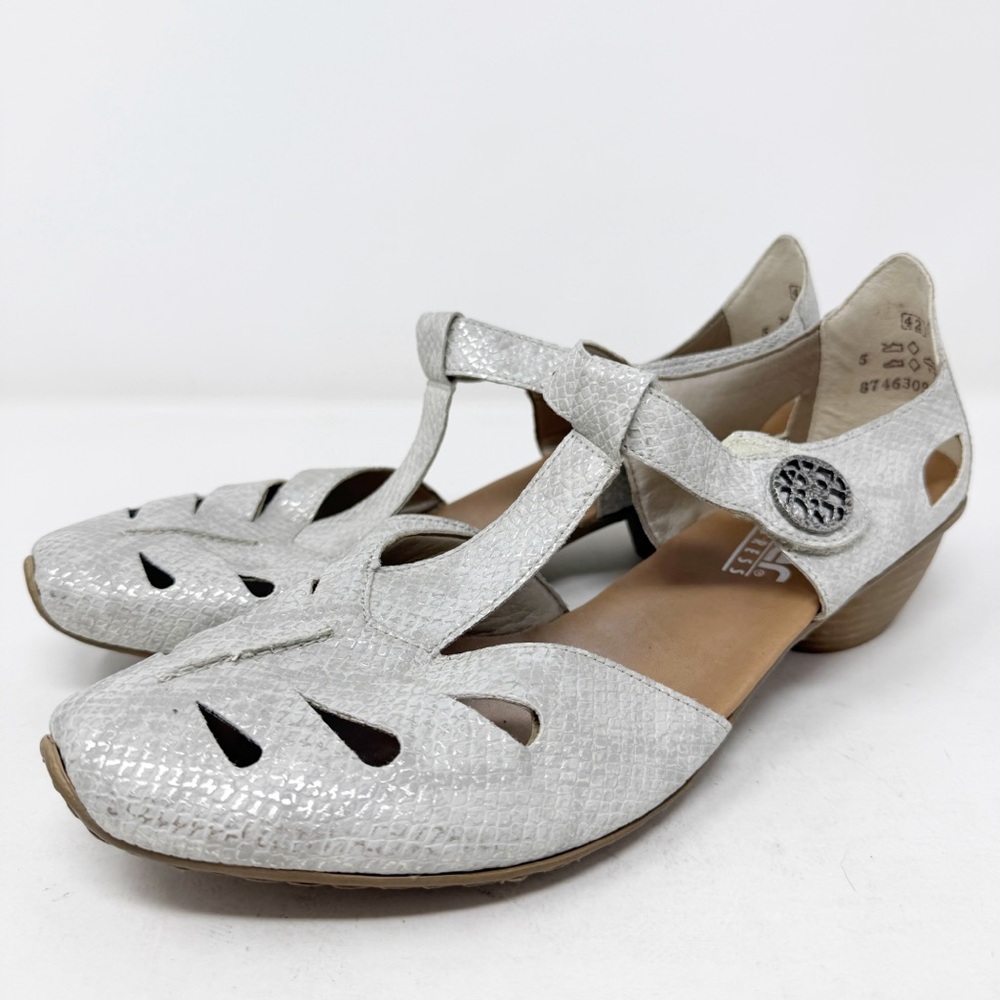 Rieker Antistress MIRJAM Silver Mary Jane Low Wedge Sandals Women's Size 42 EUR